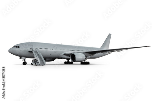 Wide body passenger airliner with boarding stairs isolated on white background