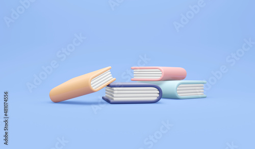 3D Rendering of hard cover book  on blue background concept of study education. 3D render illustration cartoon style.