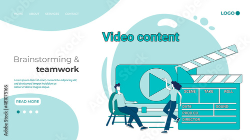 Video content.People are engaged in creating and editing video content.Creating videos.An illustration in the style of a landing page in green.