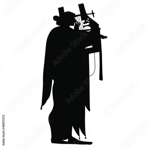 Silhouette of ancient Greek god Apollo playing cithara or lyre. Antique musician.