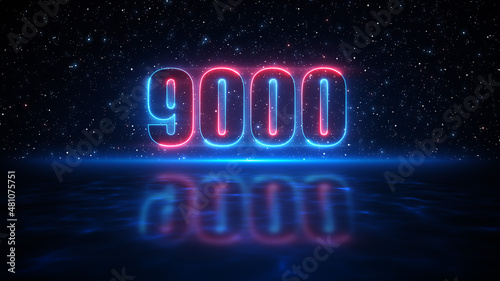 Futuristic Red And Blue Number 9000 Display Neon Sign On Dark Blue Starry Sky Of The Space And Light Reflection On Water Surface