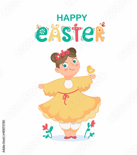 A little girl in an Easter chicken costume. Cute cartoon - style character . Easter card, congratulations on the holiday.
