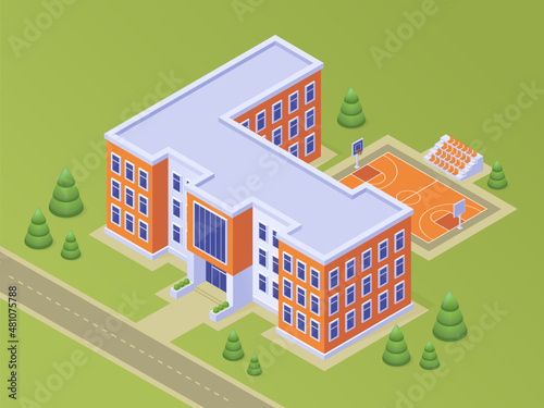 Isometric school or university building with basketball stadium on schoolyard, road, green lawn and trees. Educational modern campus for students, city low poly architecture 3d vector illustration