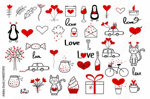 Vector set of Valentine's Day elements. Doodle style. Set in the style of minimalism. Set of hearts, cats, penguins, cars, letters, jars and more. photo
