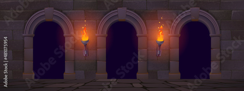 Ancient classic architecture with arches, wall from stone bricks and burning torches. Vector cartoon illustration of old castle, palace or temple facade with granite blocks and arcade at night