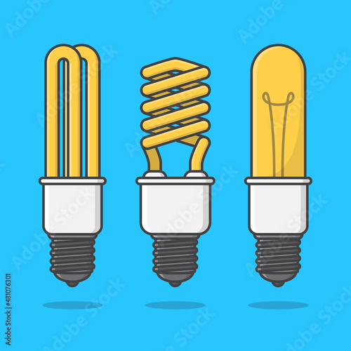 Set Of Light Bulb Vector Icon Illustration. Incandescent Or Fluorescent Energy Saving Light Bulb