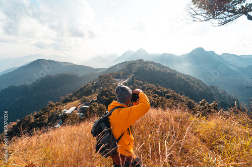 Hiking in mountains in the evening