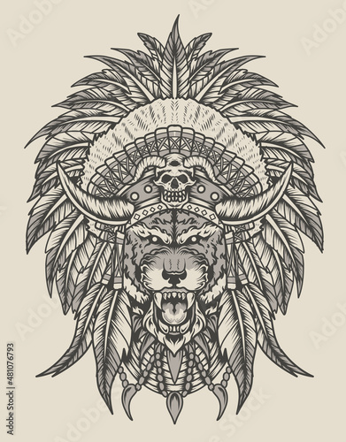 illustration indian apache tiger monochrome style photo
