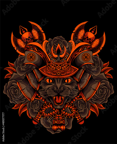 illustration cat samurai head with rose flower