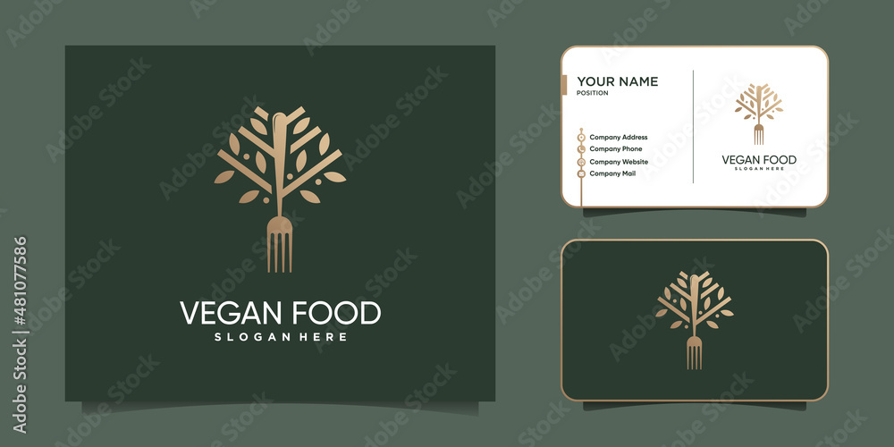 Vegan food logo with tree and fork concept Premium Vector
