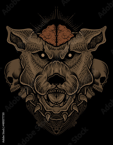 illustration dog head with skull