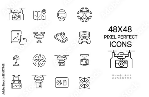 Set of drone related icons. Camera mounts, controller, front view and top view. Pixel perfect, editable stroke 48x48 icons
