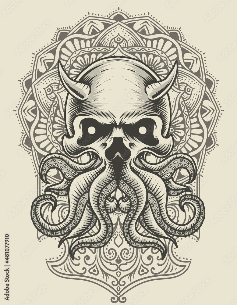 illustration octopus skull with mandala ornament