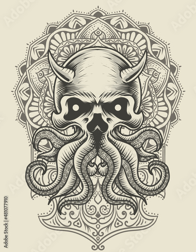 illustration octopus skull with mandala ornament