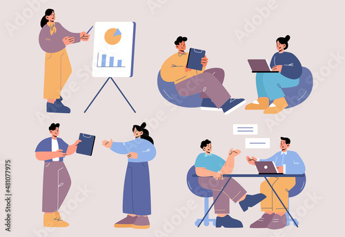 People work in office. Business team, company staff on workplace. Vector flat illustration of employees with laptop, clipboards and presentation. Women and men meeting and talk on job