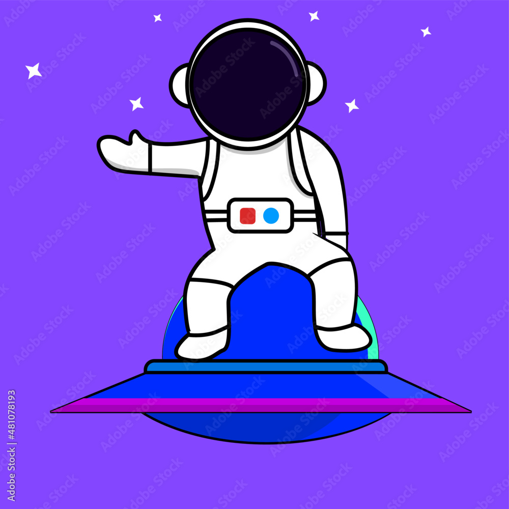 Cute Astronaut on the UFO, vector illustration, Science Technology Icon Concept Isolated Premium Vector. Flat Cartoon Style. Cute Astronaut on the UFO, vector illustration, Science Technology Icon Concept Isolated Premium Vector. Flat Cartoon Style.