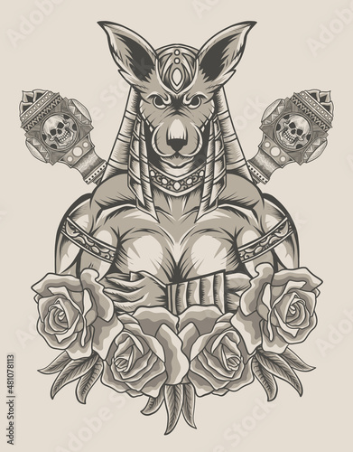 illustration anubis with rose and hammer weapon