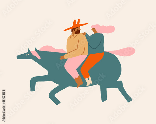 Cowboy men and women riding horse together, romantic couple horse walk in vector. Vector illustration