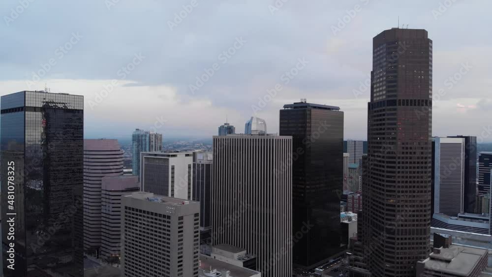 Panning areal rise over Downtown Denver Colorado just after sunrise Panning areal rise over Downtown Denver Colorado just after sunrise