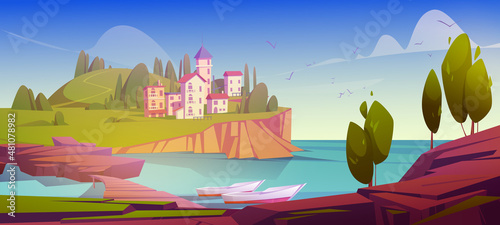 Mediterranean landscape stone houses at sea coast with moored boats, mountains and green trees under blue clear sky. Scenery summer panorama, beautiful scenic nature, Cartoon vector illustration