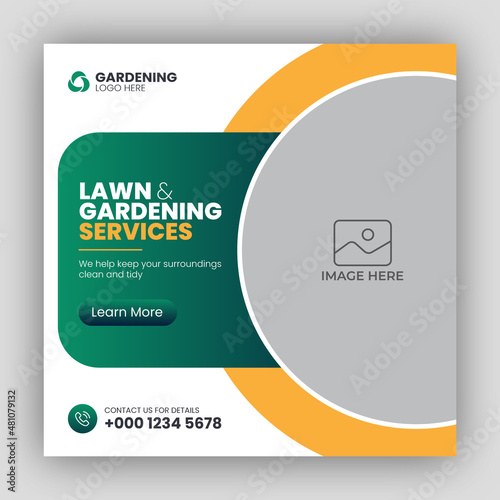 Social media post web banner template for lawn or gardening services
