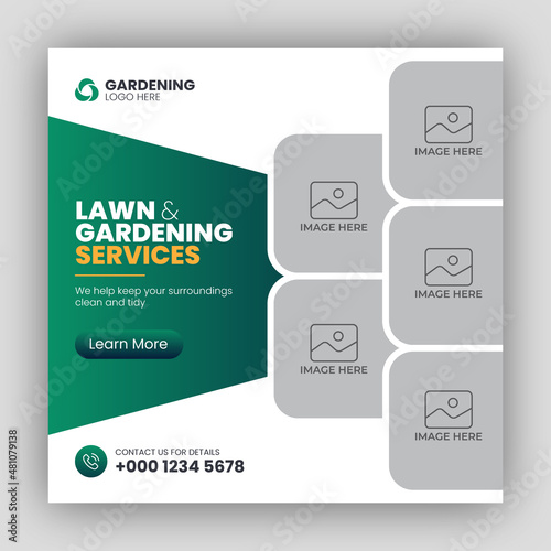 Social media post web banner template for lawn or gardening services