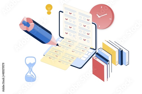Online exam in mobile smartphone app. Online test, opinion checklist, online education, questionnaire form, survey metaphor, answering internet quiz, homework assignment. Computer test and examination