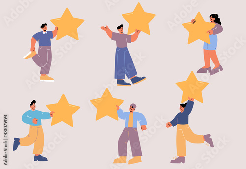 People with gold stars rate service quality, give feedback to app or product. Vector cartoon set of happy characters holding golden stars. Concept of customer satisfaction, good rating, best result