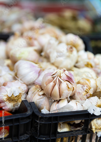 Garlic in a crate, put up for sale in a store. Close-up image