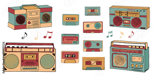 Set of vector retro boombox tape recorder and cassette player in cartoon graphic style from 90s. Hand- drawn illustration old-fashioned audio devices for design music shop, wrapping paper, package