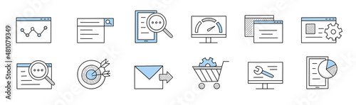 SEO doodle icons diagram on screen, magnifier with document, scale, cogwheel and target with arrows, envelope, trolley with gear, wrench on desktop and pie chart, Isolated line art vector signs set