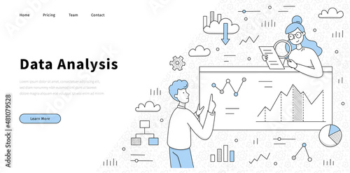 Data analysis doodle landing page, business analysts learning charts at dashboard, planning investment strategy, profits and risks. Sales management statistics and reports Line art vector web banner
