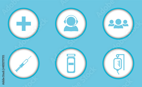 A set of round-shaped flat medical badges, dropper, customer support, vaccination.