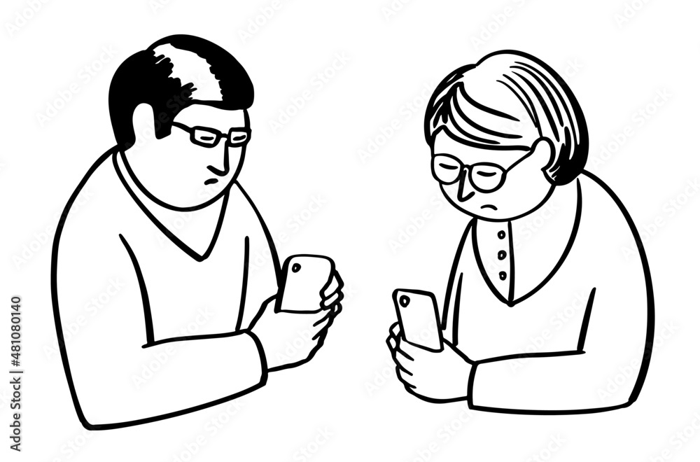 Middle-aged couple with phones. A man and a woman next to each other looking into their phones. Middle-aged couple with phones. A man and a woman next to each other looking into their phones.