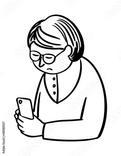 Woman with a phone. A woman looking into her phone with a concerned expression on her face.