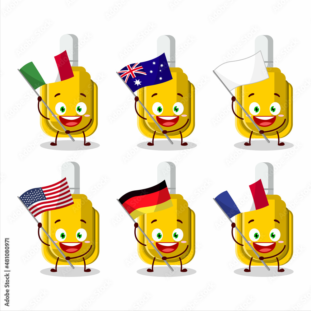 Yellow correction pen cartoon character bring the flags of various countries Yellow correction pen cartoon character bring the flags of various countries