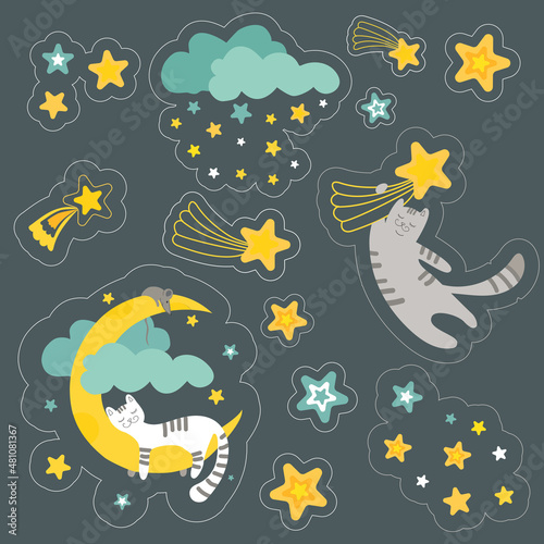 set of stickers with cats, moon, mouse and stars