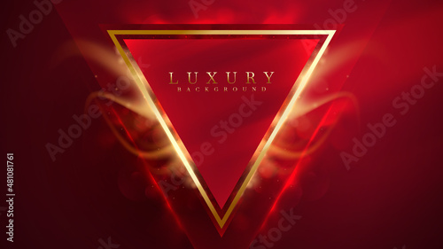 Dark red luxury background and golden triangle elements with flame effect with bokeh decoration and glitter light.