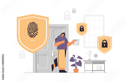 woman touching fingerprint scanner girl controlling smart home devices with biometric scanning security access control