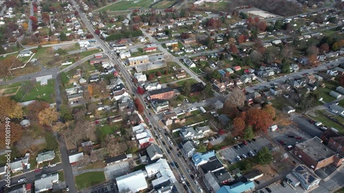 Boonsboro Cityscape, Maryland USA. Aerial View of Street Traffic and Buildings on Autumn Day, Establishing Drone Shot photo