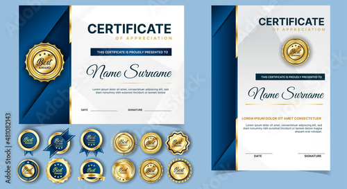 Certificate of appreciation template, gold and blue color. Clean modern certificate with gold badge. Certificate border template with luxury and modern line pattern. Diploma vector template