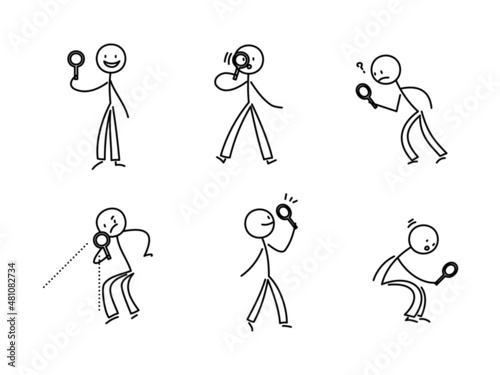 シンプルな棒人間のイラストセット　虫眼鏡　探す