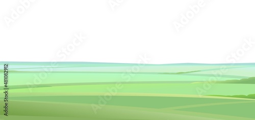 Agriculture fields on flat terrain. Rural landscape. Horizontal village nature illustration. Cute country hills. Flat style. Isolated on white background. Vector