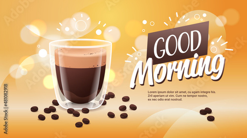 realistic espresso coffee in glass cup hot americano drink lettering poster horizontal copy space