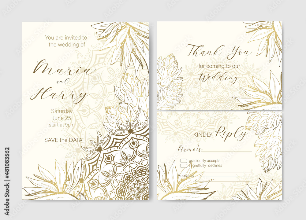 Luxury Set of wedding invitations. Minimal wedding collection templates. Gold contour of tropical flowers and mandala on a white background.