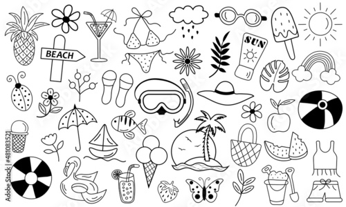 Summer beach hand drawn vector symbols and objects in doodle style.