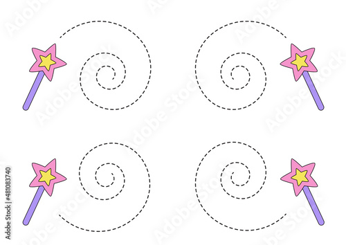 Tracing lines with hand drawn magical wand. Writing practice.