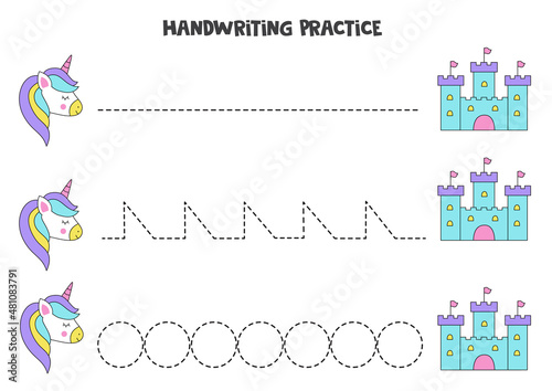 Tracing lines with unicorn and castle. Writing practice.