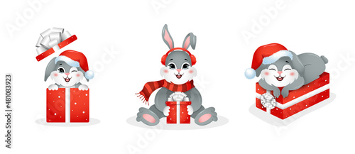 Christmas bunny in santa hat with gift boxes. Year of rabbit. Chinese New year 2023 symbol. Vector illustration in cartoon style. Design element for greeting cards, holiday banner, decor.