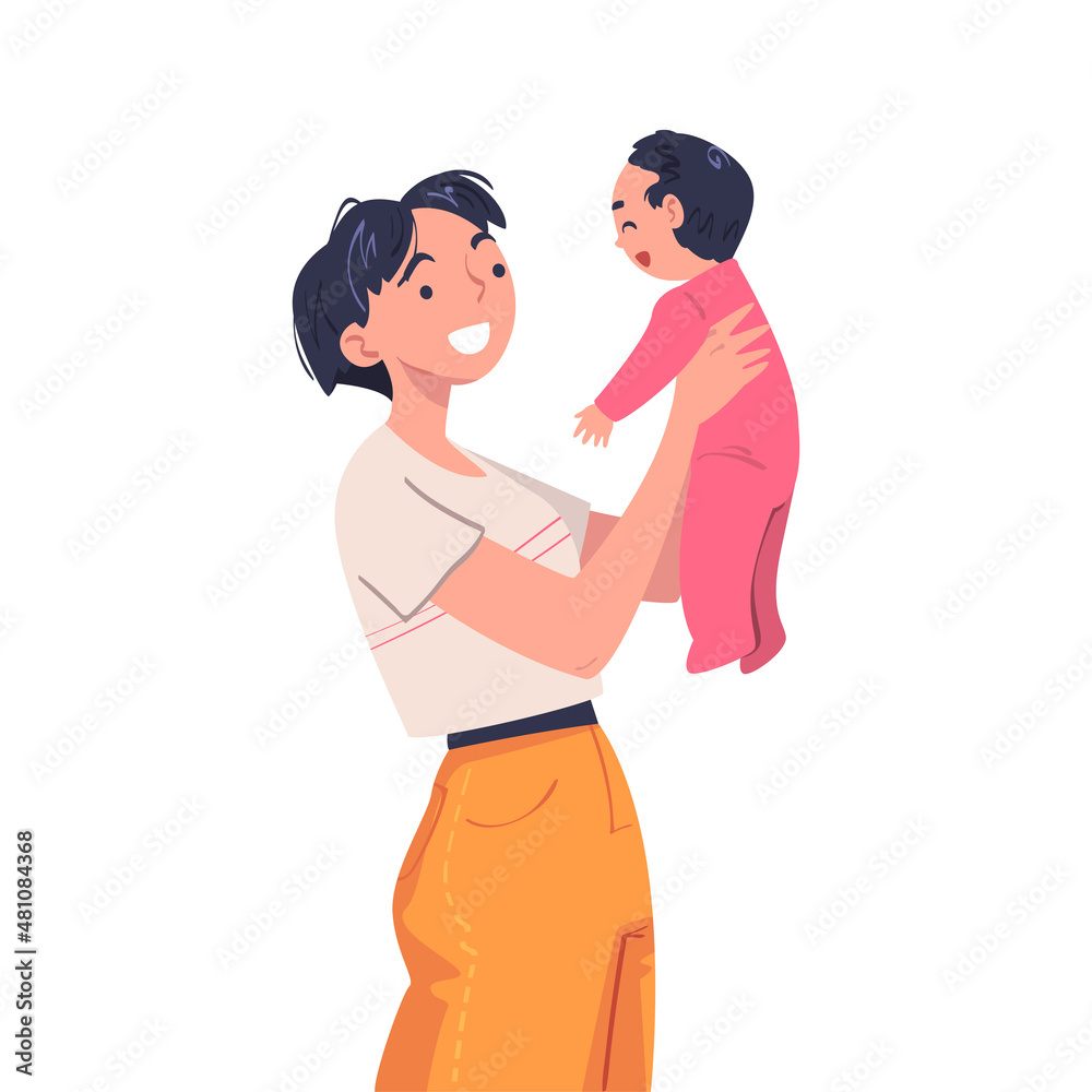 Woman Character Holding Baby with Arms Nursing Him Vector Illustration